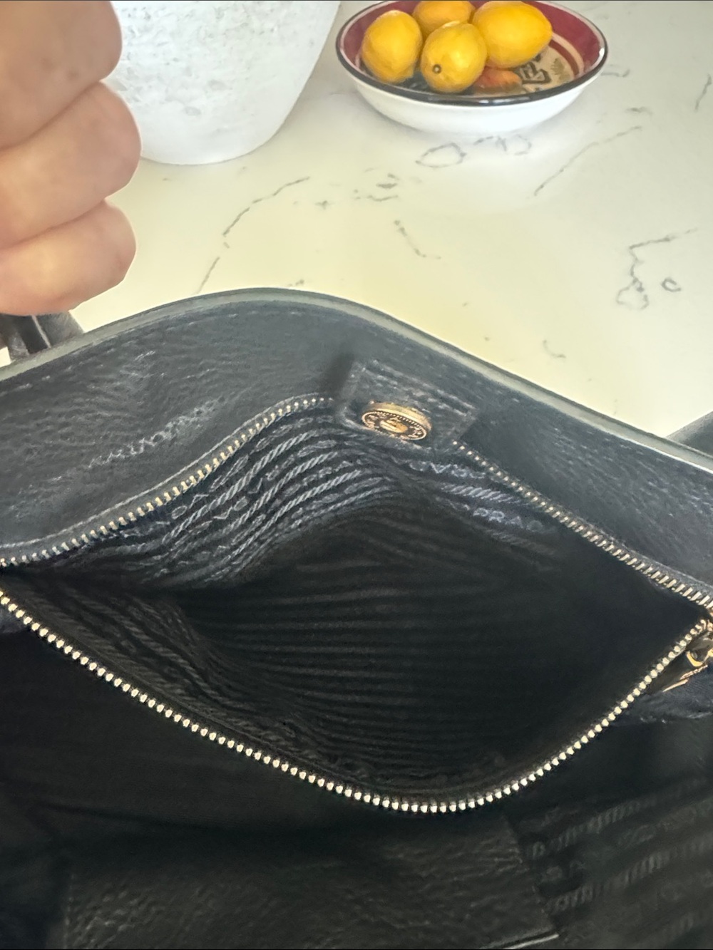 Prada Black Pebbled Leather Satchel with Gold Logo and Strap - Picture 13 of 14